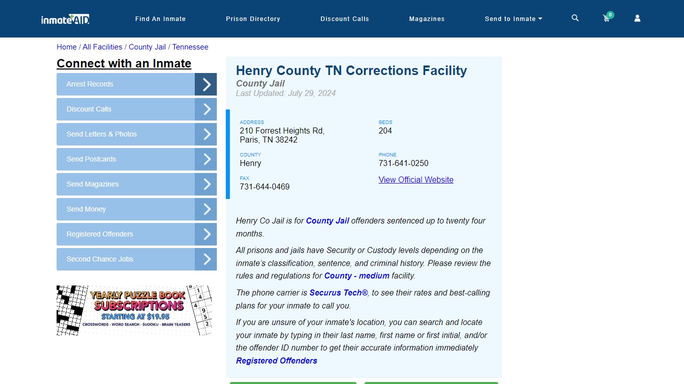 Henry County TN Corrections Facility - Inmate Locator